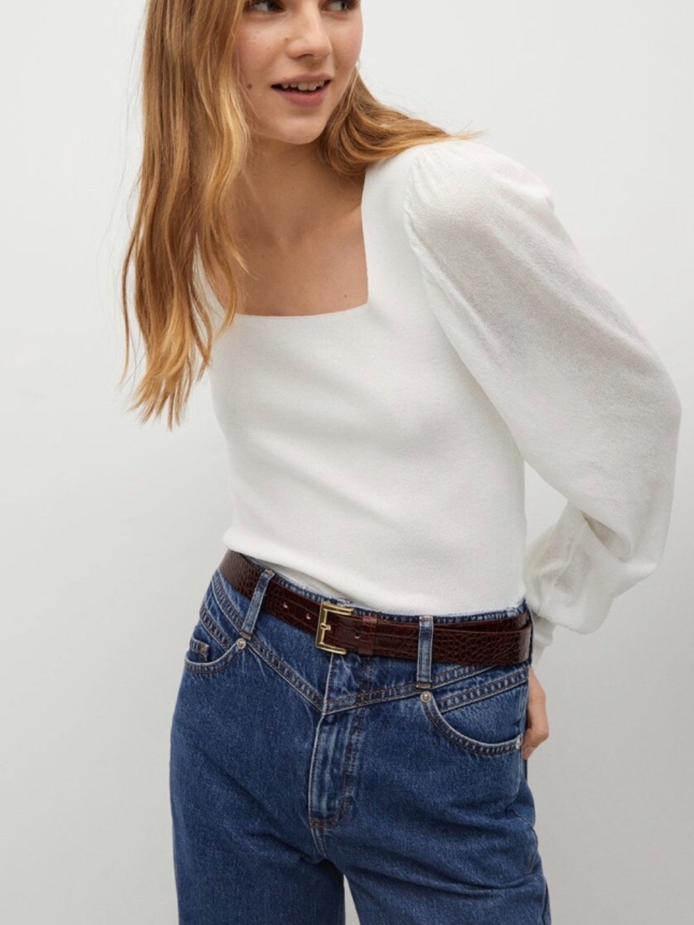 Mango White Square-Neck Balloon Sleeve Top